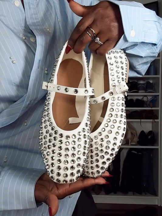 Rhinestone Leather Ballet Flats