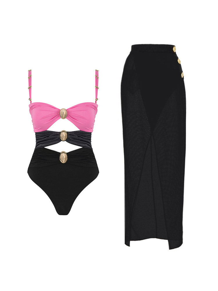 Color Block Cutout Swimsuit Set - ECHOINE