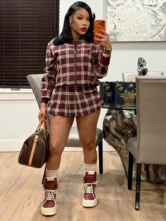 Leather-Trim Jacket & Pleated Skort Set