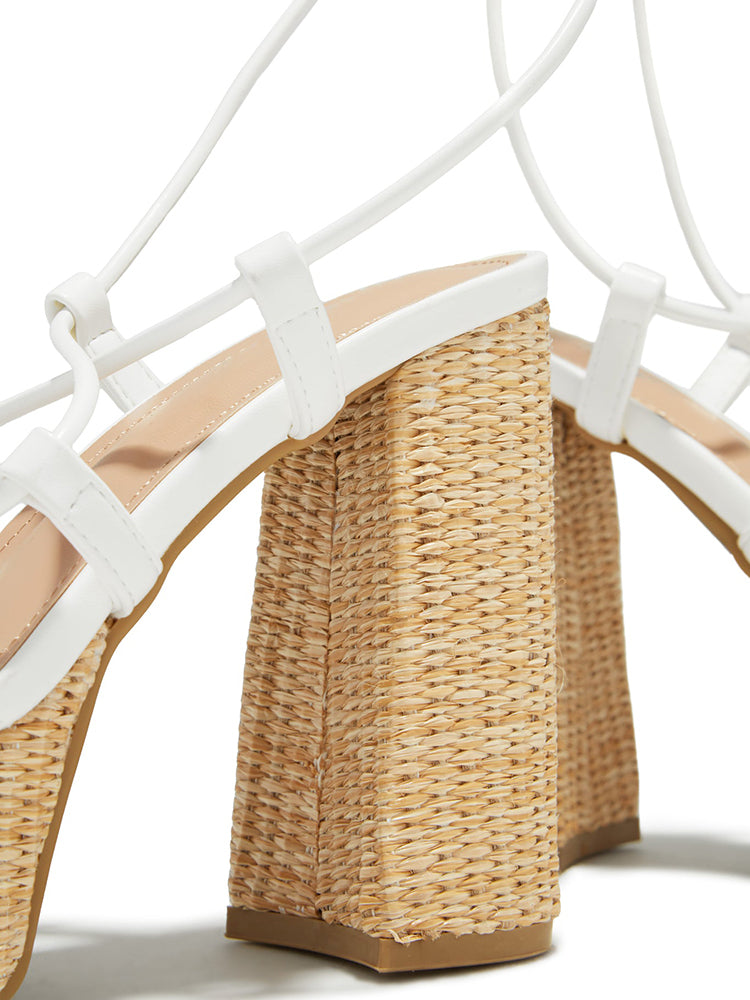Raffia Platform Chunky Heel Sandals - ECHOINE
