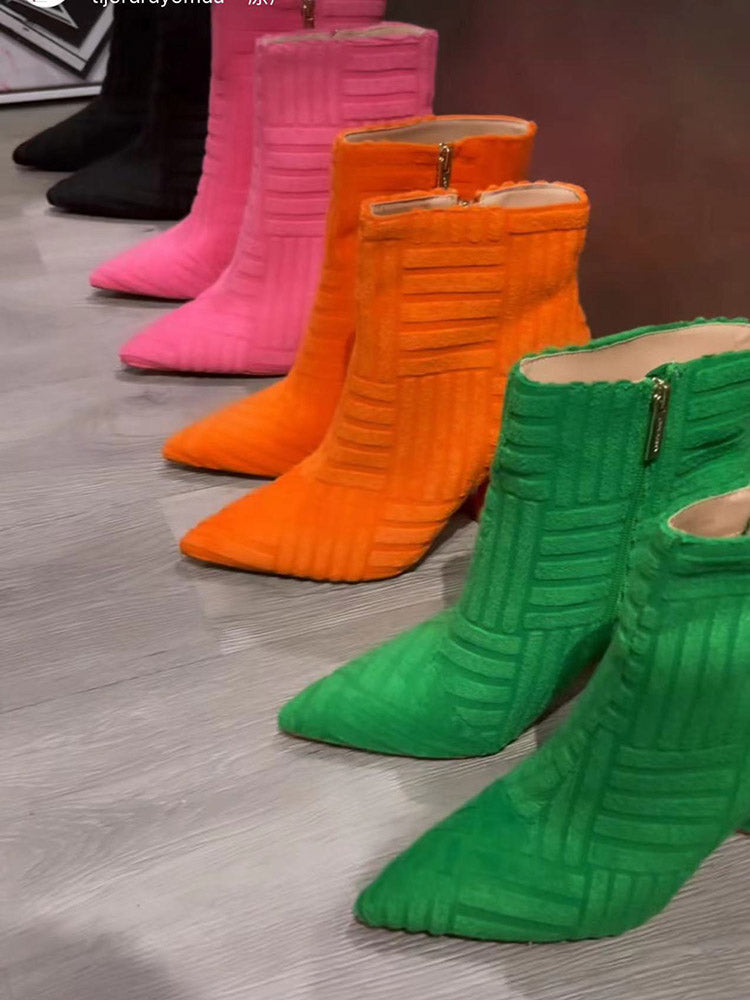 Towel Pointed Toe Chunky Heel Boots - ECHOINE