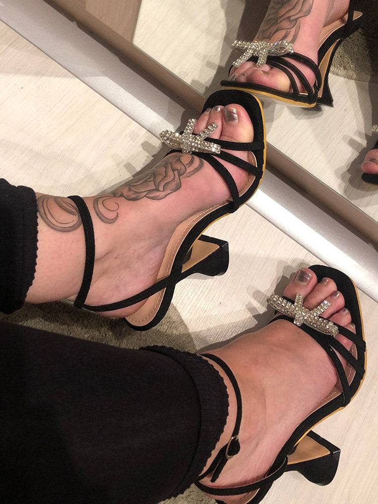 Rhinestone Bow Square Toe Heel - ECHOINE