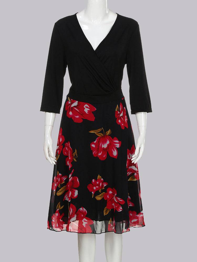 Rose Floral Print Surplice Dress - ECHOINE