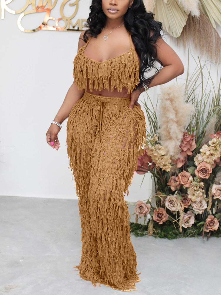 Crochet Tassels Halter Crop Top & Pants Beach Sets - ECHOINE
