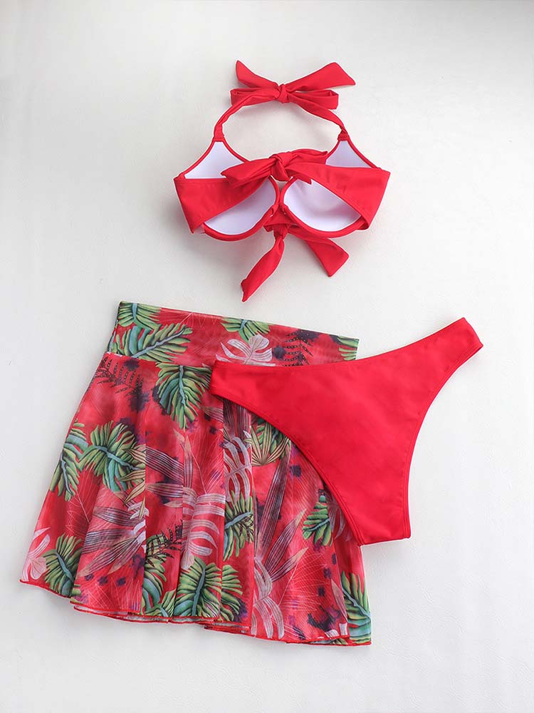 3pack Plant Print Halter Bikini Swimsuit & Skirt - ECHOINE