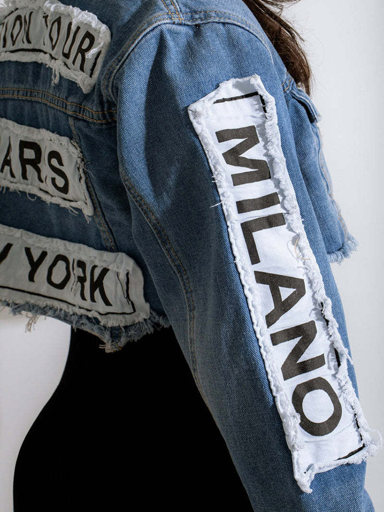 Letter Print Denim Jacket - ECHOINE