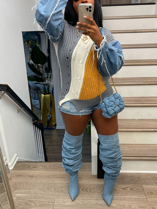 Knitted Denim Patchwork Sweaters - ECHOINE