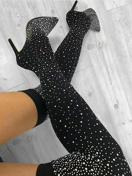 Rhinestone Decor Thigh High Boots - ECHOINE