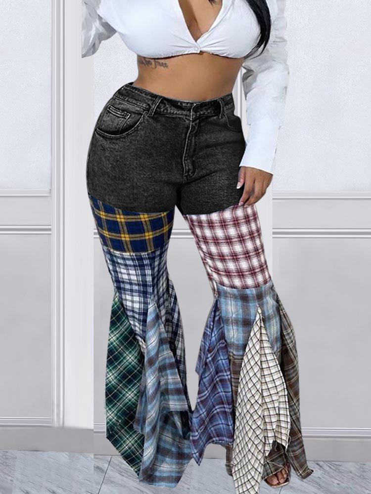 Plaid Patchwork Denim Jeans - ECHOINE