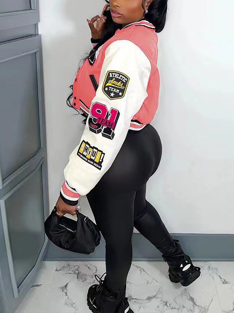 Letter Decor Color Block Jacket - ECHOINE