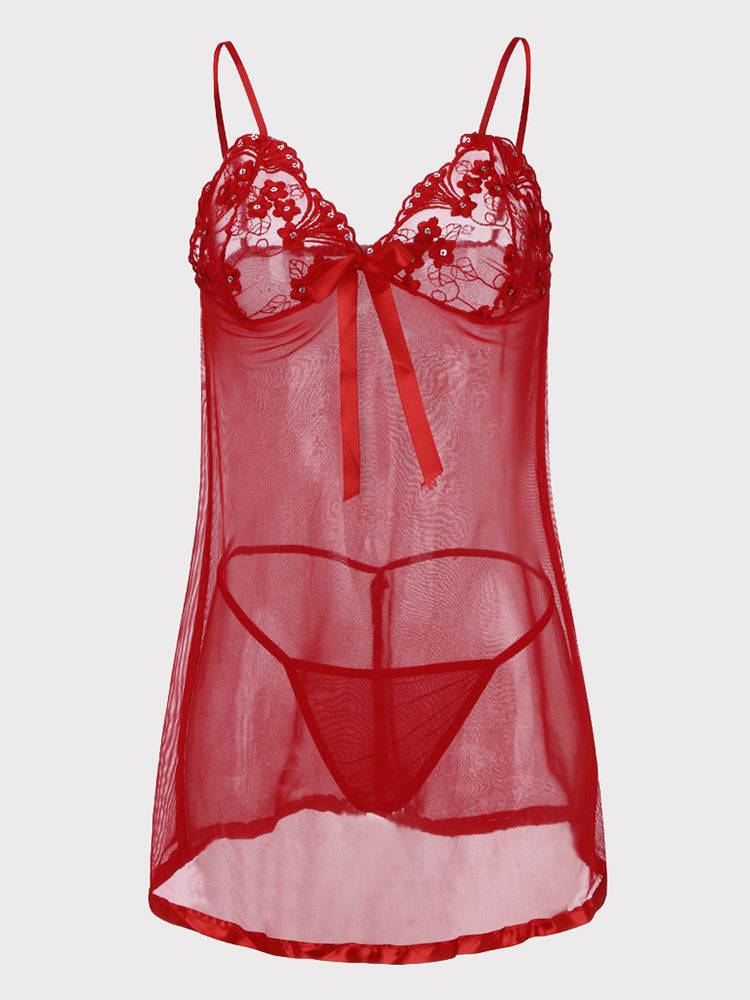 Red Sheer Lace Babydoll Set