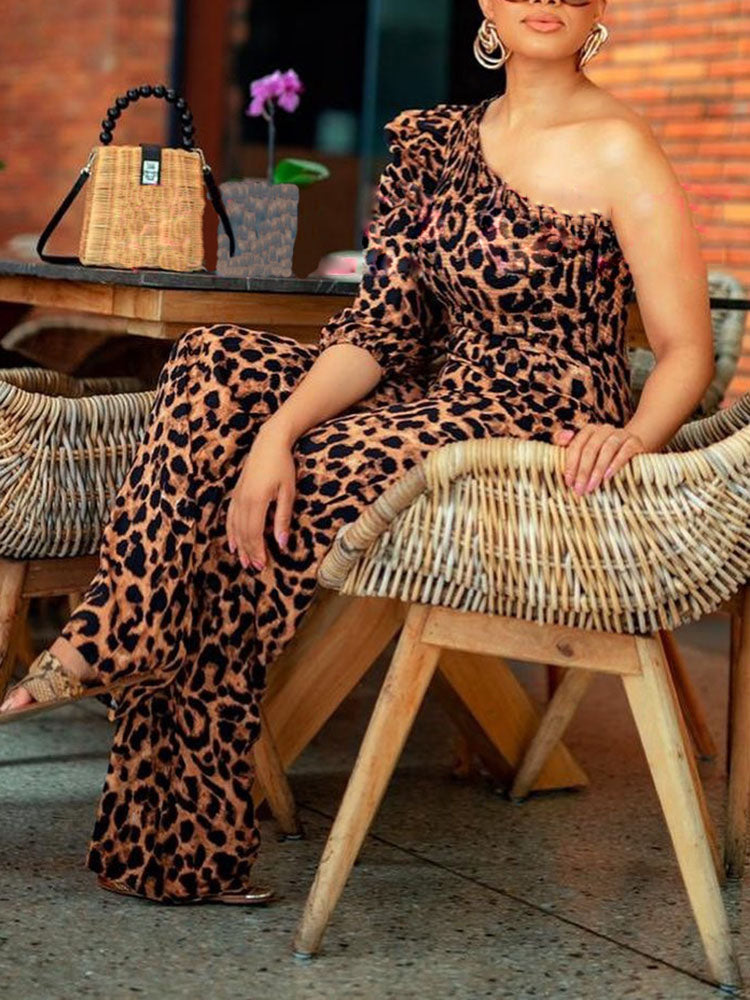Leopard One Shoulder Jumpsuits - ECHOINE