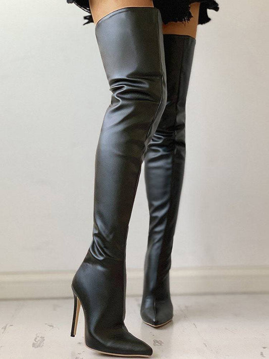 PU Zipper Stiletto Heeled Over Knee Boots - ECHOINE