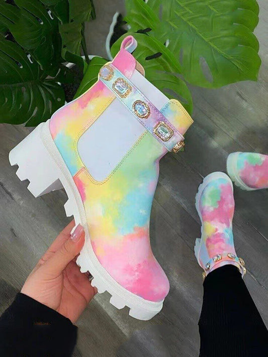 Tie Dye Rhinestone Decor Ankle Boots - ECHOINE