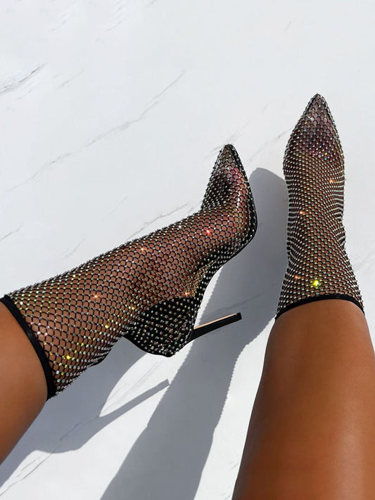 Rhinestone Fishnet Heels Boots - ECHOINE