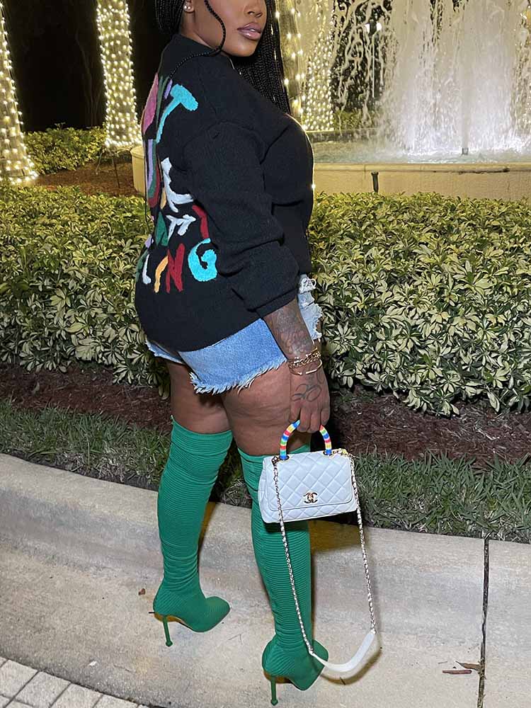 Letter Print Pullover Knit Sweater - ECHOINE