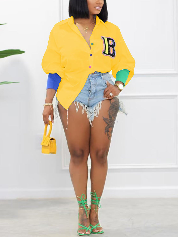 Embroidery Letter Decor Shirt - ECHOINE