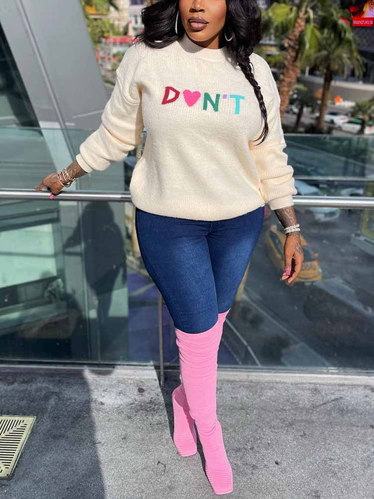 Letter Print Pullover Knit Sweater - ECHOINE