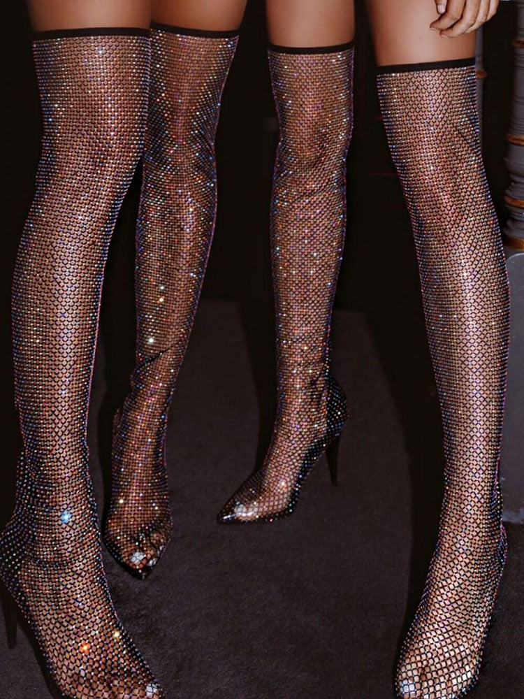 Rhinestone Fishnet Heels Boots - ECHOINE