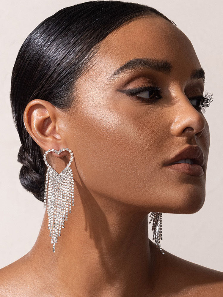Rhinestone Heart Tassel Drop Earrings - ECHOINE