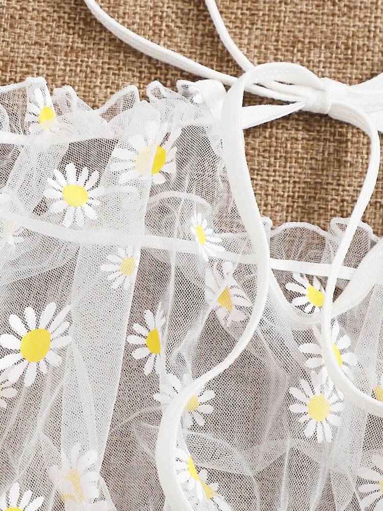 Daisy Floral Frill Trim Bardot Mesh Lingerie Set - ECHOINE