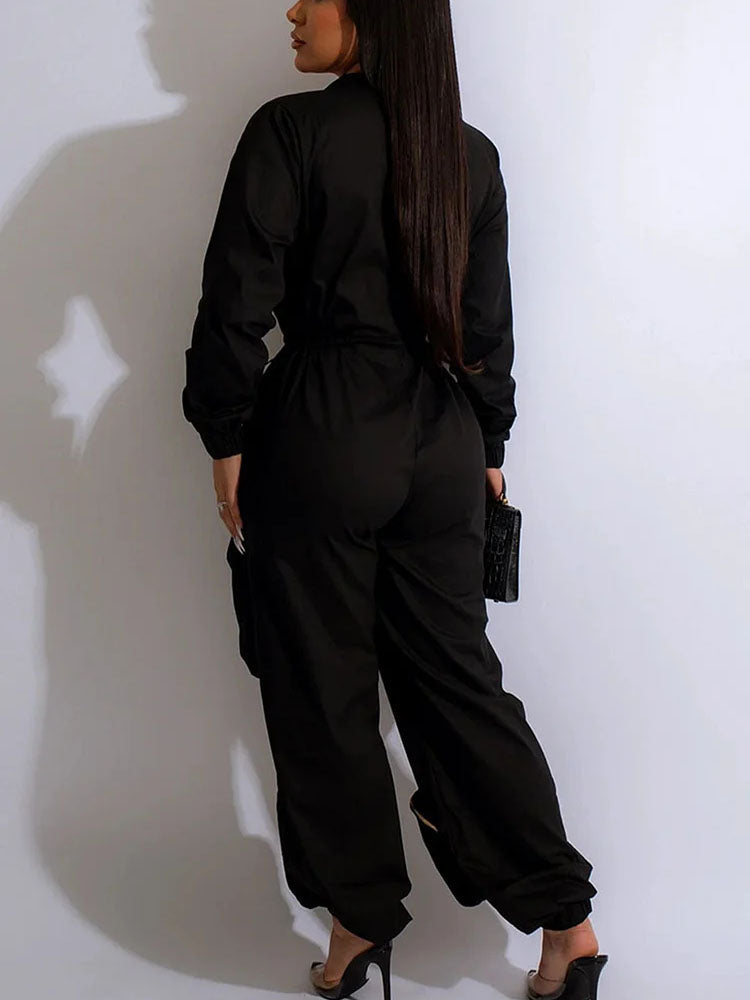 Deep V Zipper Drawstring Pocket Jumpsuit - ECHOINE