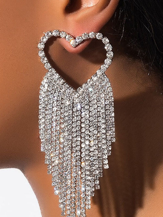 Rhinestone Heart Tassel Drop Earrings - ECHOINE