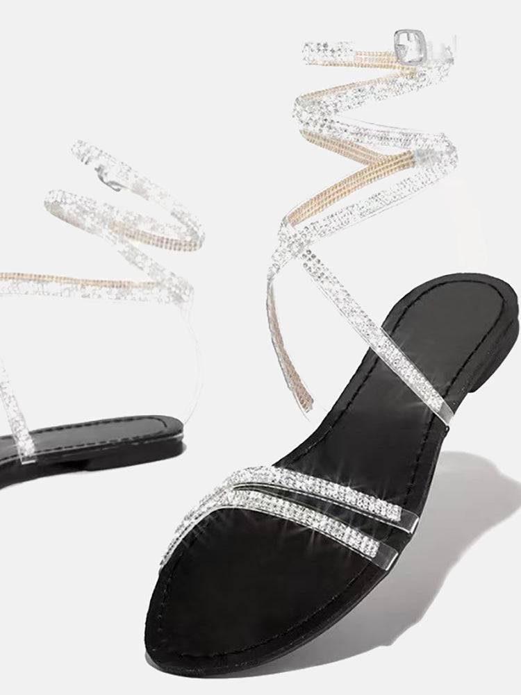 Strap Shiny Rhinestone Flat Sandals - ECHOINE
