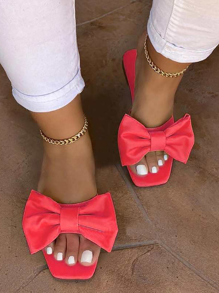 Bowknot Decor Square Toe Flat Slippers - ECHOINE