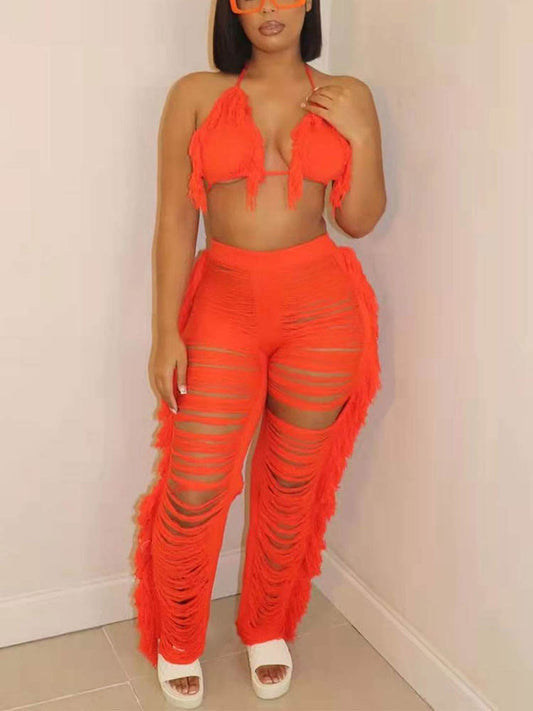 Fringe Trim Halter Crop Top & Pants Set - ECHOINE