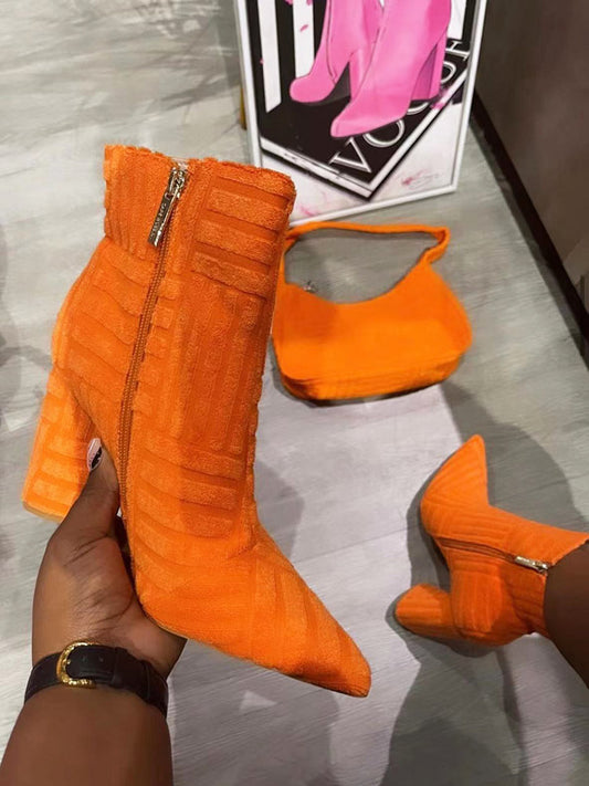 Towel Pointed Toe Chunky Heel Boots - ECHOINE