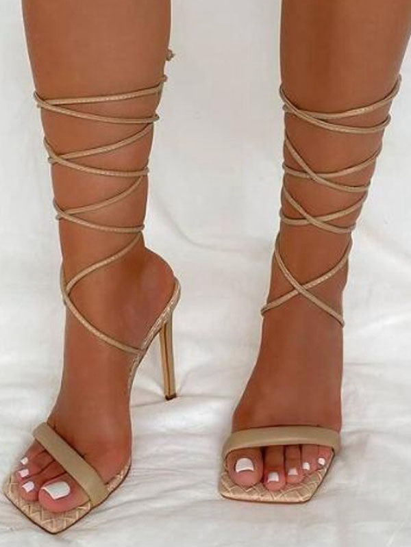 Square Toe Lace-Up Heels - ECHOINE