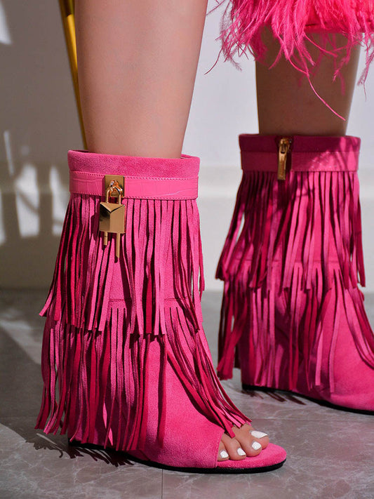 Fringe Open Toe Suede Boots - ECHOINE