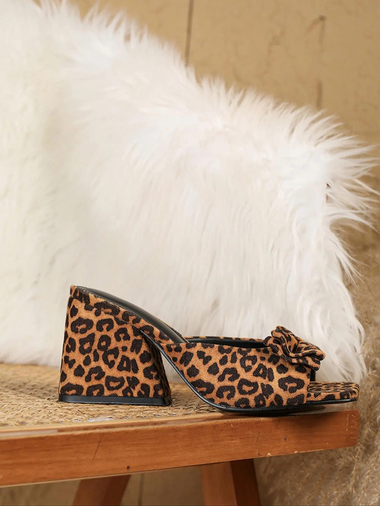 Leopard Print Bow Block Heel Sandals