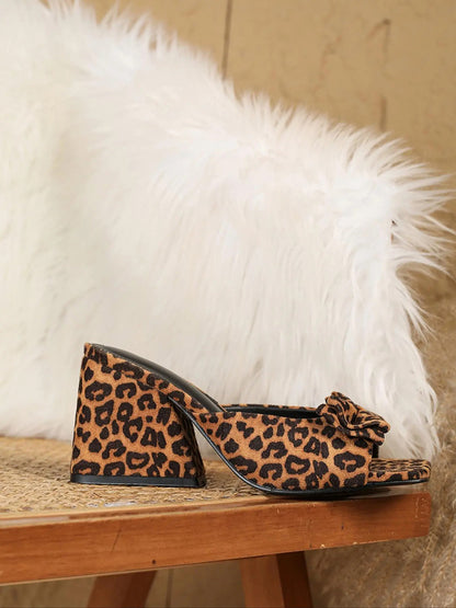 Leopard Print Bow Block Heel Sandals