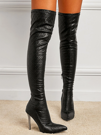 Embossed Heel Over The Knee Boots - ECHOINE