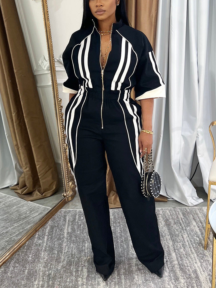 3/4 Sleeves Zip-Up Striped Jumpsuit