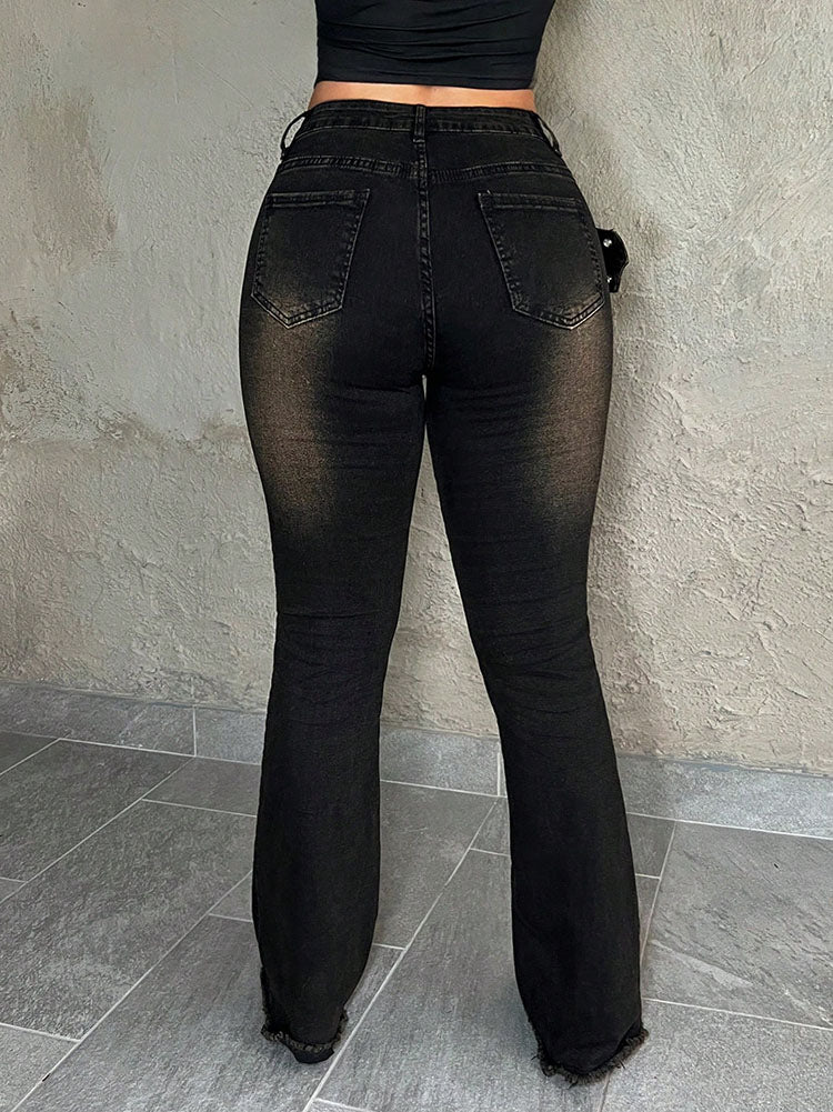 Belted Frayed Flare Jeans