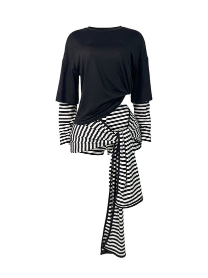 Layered Striped Top & Side-Tie Shorts Set