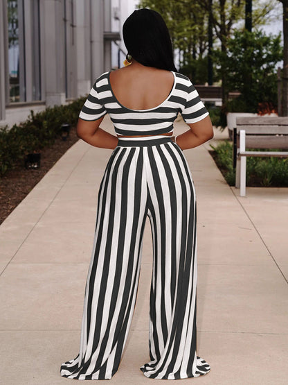 Striped Crop Top Wide Leg Pants Sets - ECHOINE