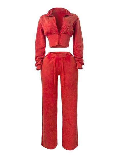 Acid Wash Cropped Jacket & Wide Pants Set