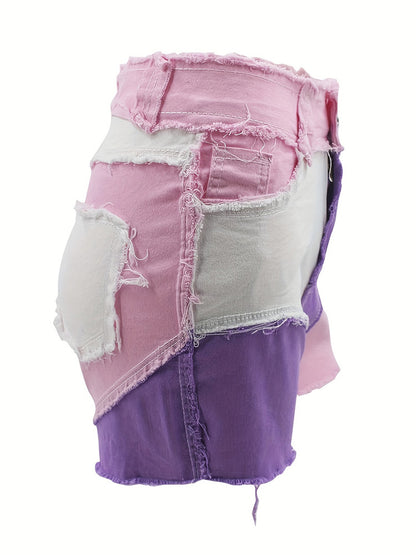 Colorblock Raw Hem Denim Shorts - ECHOINE