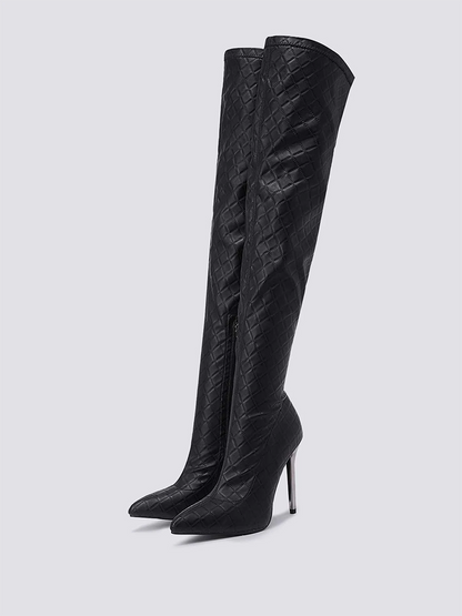 Embossed Heel Over The Knee Boots - ECHOINE