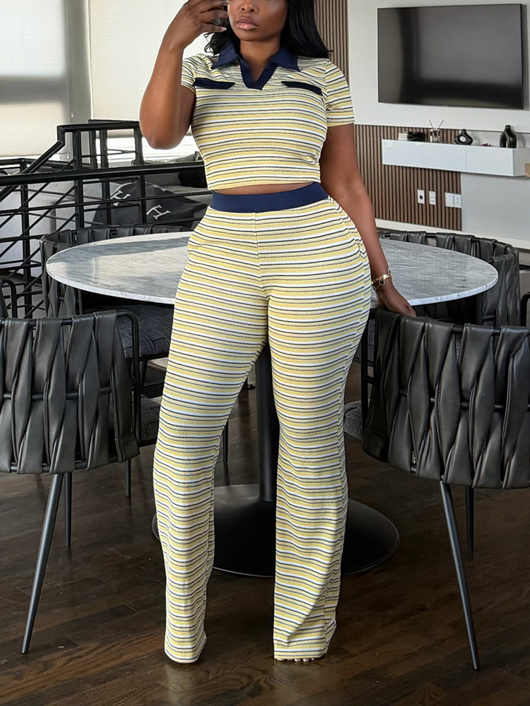 Stripe Ribbed Polo & Pants Set