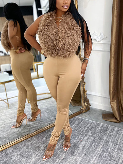 Fur Halter Vest & Leggings Set