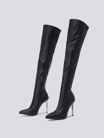 Embossed Heel Over The Knee Boots - ECHOINE