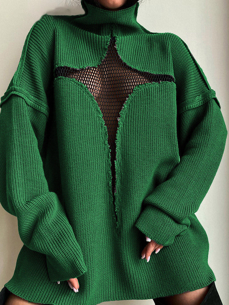 Knit Mesh Turtleneck Sweater - ECHOINE