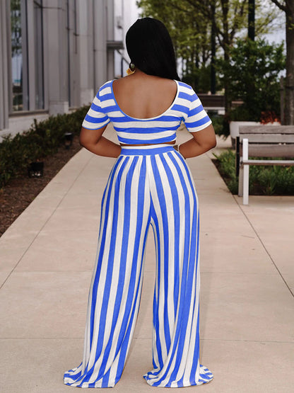 Striped Crop Top Wide Leg Pants Sets - ECHOINE