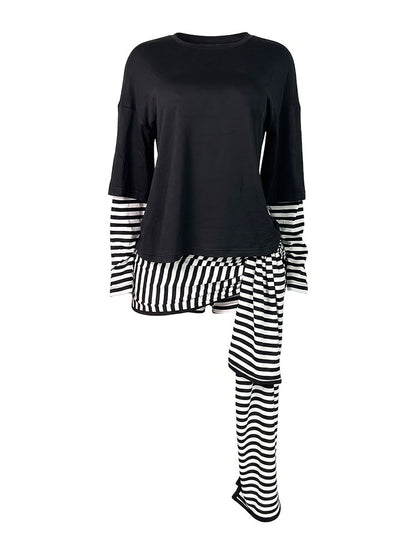 Layered Striped Top & Side-Tie Shorts Set