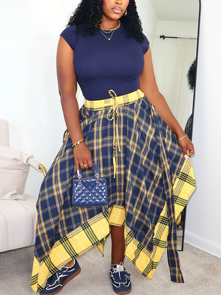 Contrast Plaid Asymmetric Skirt